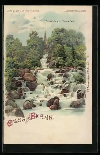 Lithographie Berlin, Wassersturz im Victoria-Park, Leuchtendes Wasser bei Halt gegen das Licht