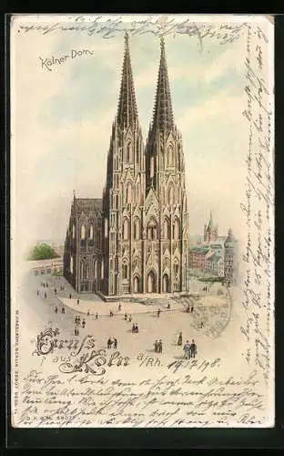 Lithographie Köln, Dom mit leuchtenden Fenstern bei Halt gegen das Licht