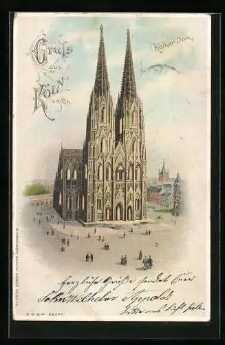 Lithographie Köln, Dom mit leuchtenden Fenstern bei Halt gegen das Licht