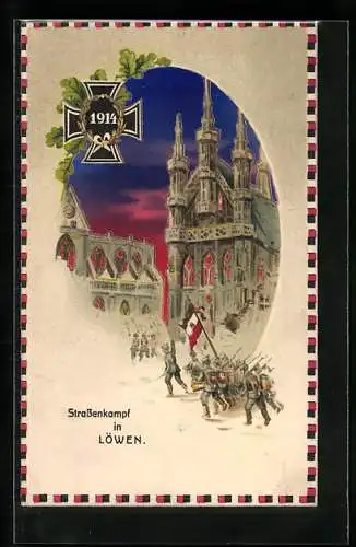 AK Louvain, Strassenkampf in Löwen, Eisernes Kreuz, 1914, Leuchtender Himmel bei Halt gegen das Licht