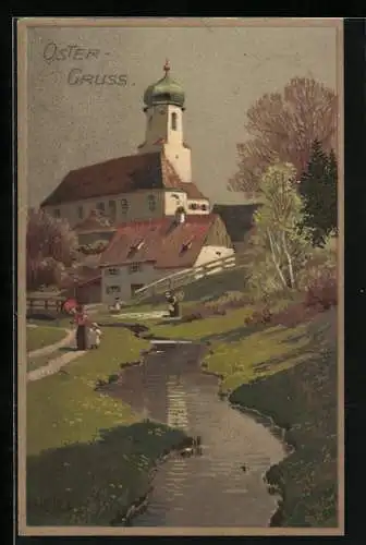 Künstler-Lithographie Paul Hey: Spaziergänger am Bach im Frühling