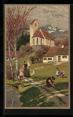 Künstler-Lithographie Paul Hey: Kinder pflücken Blumen auf der Wiese