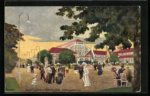 Künstler-AK München, Ausstellung 1908, Platz vor Halle I. u II., Ganzsache Bayern