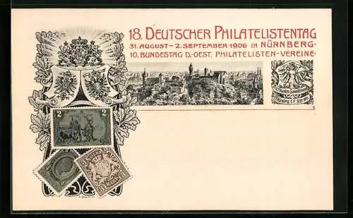 AK Nürnberg, 18. Deutscher Philatelistentag 1906, Briefmarken, Ganzsache Bayern 5 Pfennig