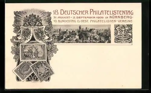 AK Nürnberg, 18. Deutscher Philatelistentag 1906, Briefmarken, Ganzsache Bayern 5 Pfennig