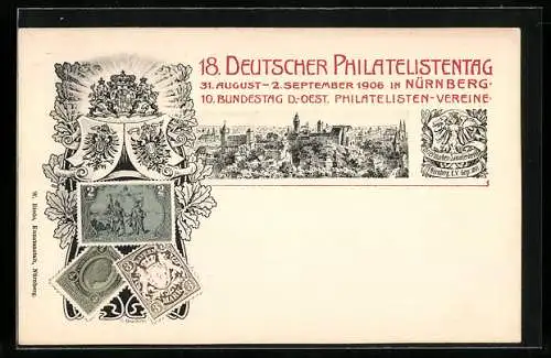 AK Nürnberg, 18. Deutscher Philatelistentag 1906, Briefmarken, Ganzsache Bayern 3+2 Pfennig