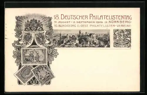 AK Nürnberg, 18. Deutscher Philatelistentag 1906, Briefmarken und Wappen, Ganzsache Bayern 5 Pfennig