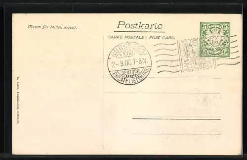 AK Nürnberg, 18. Deutscher Philatelistentag 1906, Briefmarken und Wappen, Ganzsache Bayern 5 Pfennig