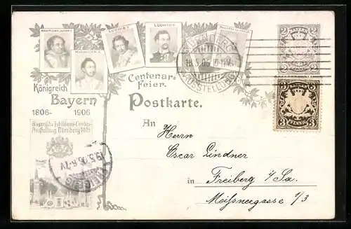 AK Nürnberg, Bayerische Jubiläums-Landes-Ausstellung 1906, Ludwig II., Ganzsache Bayern 2 Pfennig