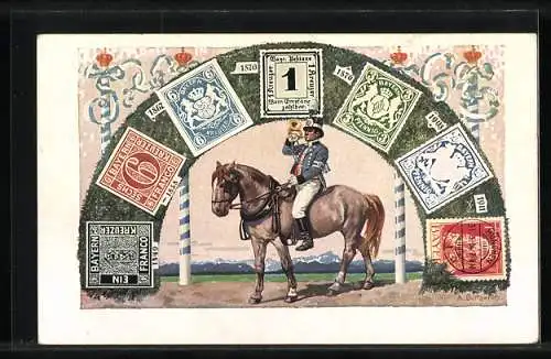 AK König Ludwig III. v. Bayern, Portrait mit Eichenkranz, Briefmarken und Postillon rückseitig, Ganzsache Bayern 5 Pf.