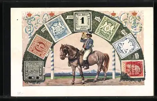 AK König Ludwig III. v. Bayern, rückseitig Postillon und Briefmarken, Ganzsache Bayern 3 Pfennig