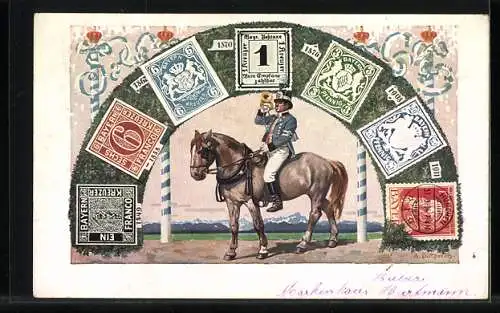 AK König Ludwig III. v. Bayern, Portrait mit Eichenkranz, Briefmarken und Postillon, Ganzsache Bayern 5 Pfennig