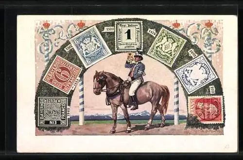 AK König Ludwig III. v. Bayern, Portrait mit Eichenkranz, Briefmarken und Postillon, Ganzsache Bayern 5 Pfennig