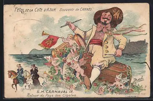 Lithographie Cannes, Fetes de la Cote d`Azur, S. M. Carnaval IX, Retour du Pays des Cigales