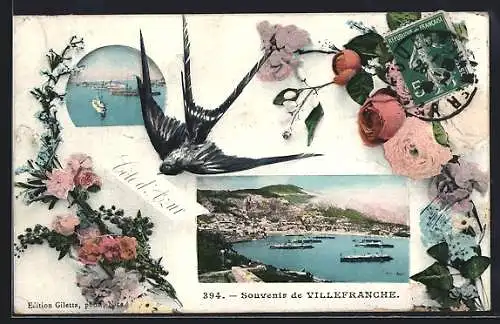 AK Villefranche /Cote d`Azur, Panoramablick auf die Küste, grosse Dampfer, florales Passepartout