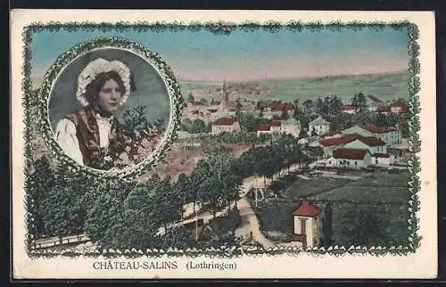 AK Chateau-Salins /Lothringen, Ortsansicht mit der Kirche, eine Frau mit Blumenstrauss