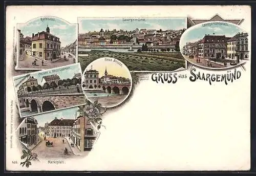 Lithographie Saargemünd, Landgerichtsplatz, Rathhaus, Postamt und Neubrückenstrasse, Marktplatz