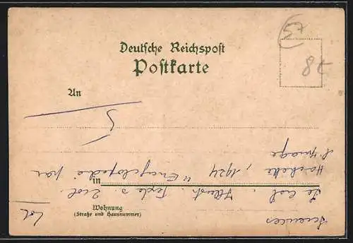 Lithographie Saargemünd, Landgerichtsplatz, Rathhaus, Postamt und Neubrückenstrasse, Marktplatz