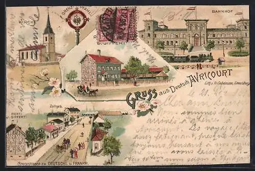 Lithographie Deutsch-Avricourt, Bahnhof, Restaurant J. Siffert, Kirche, Grenzstrasse