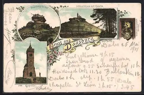 Lithographie Dagsburg, Die Kapelle, die Burg, der Schlossfelsen