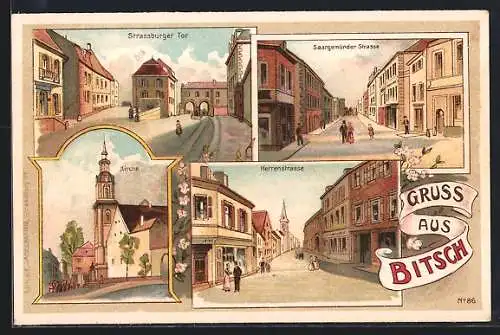 Lithographie Bitsch, Strassburger Tor, Saargemünder Strasse, Herrenstrasse und Kirche