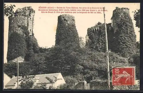 AK Hérisson /Allier, Ruines du Vieux Chateau, vue prise de la Route de Cérilly