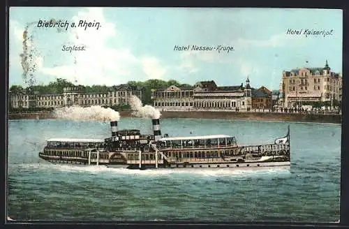 AK Biebrich a. Rhein, Dampfer, Schloss, Hotel Nassau-Krone, Hotel Kaiserhof