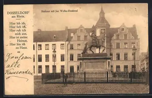AK Düsseldorf am Rhein, Rathaus mit Jan Wellm-Denkmal
