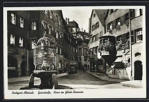 AK Stuttgart, Gaisstrasse, Hans im Glück-Brunnen