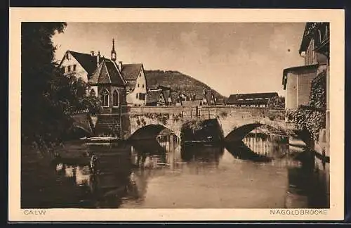 AK Calw, Kirche mit Nagoldbrücke