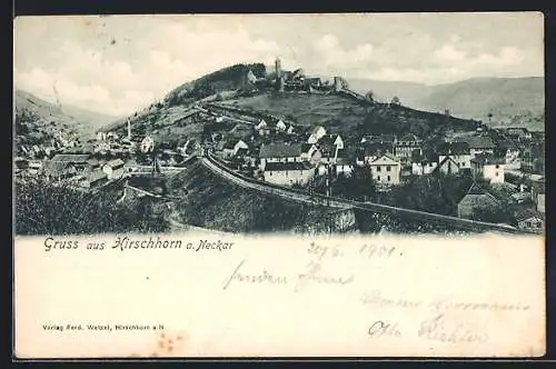 AK Hirschhorn a. Neckar, Gesamtansicht mit Burgblick