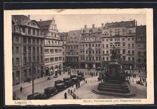 AK Leipzig, Partie am Markt, Nordost-Seite mit Siegesdenkmal