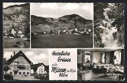 AK Missen im Allgäu, Brauerei-Gasthof Schäffler Albrecht, Gesamtansicht, Wasserfall