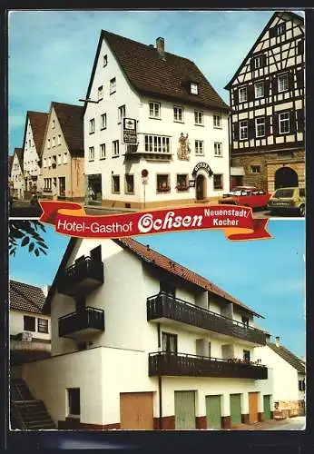 AK Neuenstadt /Kocher, Hotel-Gasthof Ochsen Fam. Burger, Vorderansicht mit Nachbarhäusern, Rückansicht