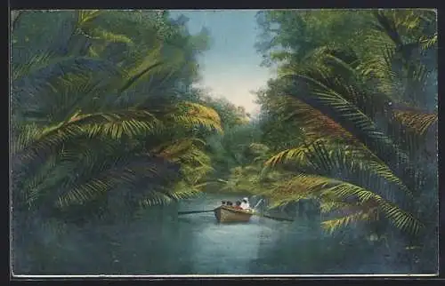 AK Neu-Guinea, Rheinische Mission, Flusslandschaft mit Bootspartie