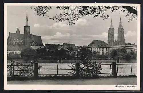 AK Breslau, Dominsel, Panorama von der Uferpromenade aus