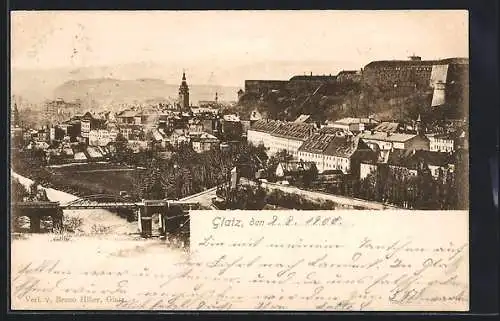 AK Glatz, Ortsansicht mit Brücke aus der Vogelschau