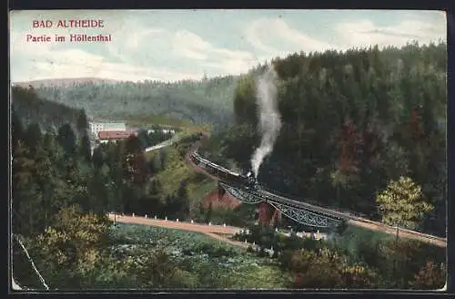 AK Bad Altheide, Partie im Höllenthal, mit Eisenbahnbrücke