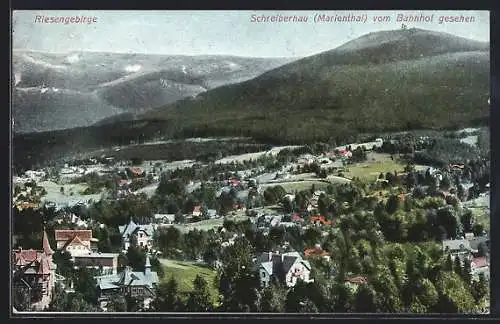 AK Schreiberhau i. Rgb., Marienthal, Ortsansicht vom Bahnhof aus