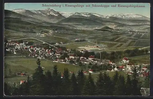 AK Schmiedeberg, Ortsansicht mit Riesengebirge & Schneekoppe