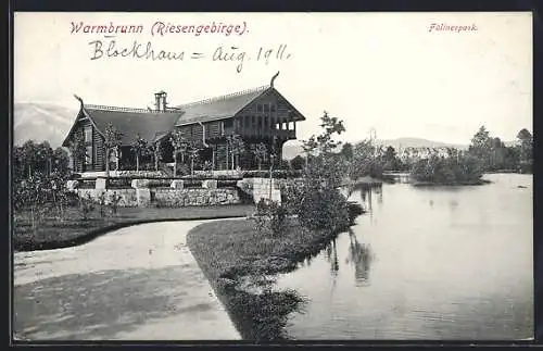 AK Warmbrunn /Riesengebirge, Uferpartie am Füllnerpark