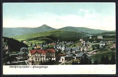 AK Oberkrummhübel i. Rgb., Ortsansicht mit Bergpanorama aus der Vogelschau