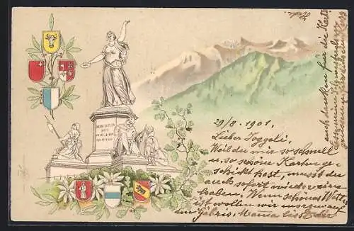 AK Statue der Helvetia in den Bergen, kantonale Wappen