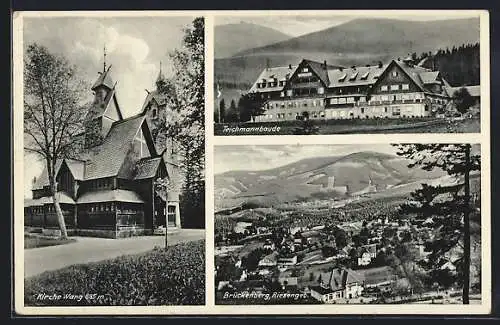 AK Teichmannbaude, Riesengebirge, Ortsansicht von Brückenberg und Kirche Wang, Stempel des HJ-Sommerlagers