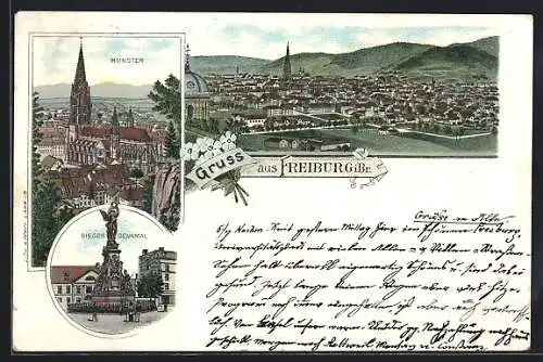 Lithographie Freiburg i. Br., Münster, Siegesdenkmal, Ortsansicht