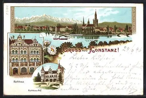 Lithographie Konstanz, Ortsansicht mit Dampfschiff auf dem Bodensee, Rathaus und Rathaus-Hof