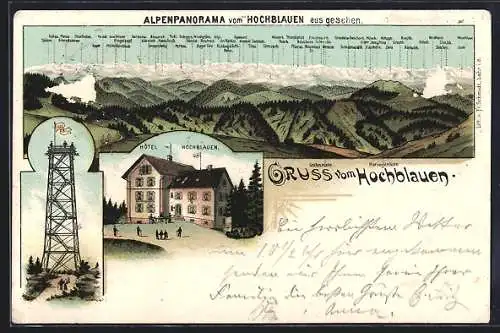Lithographie Badenweiler, Hotel Hochblauen, Aussichtsturm