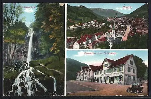 AK Bad Urach, Totalansicht, Wasserfall, Gasthaus zum Schwanen