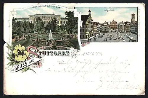 Lithographie Stuttgart, Stadtgarten und Polytechnikum, Marktplatz