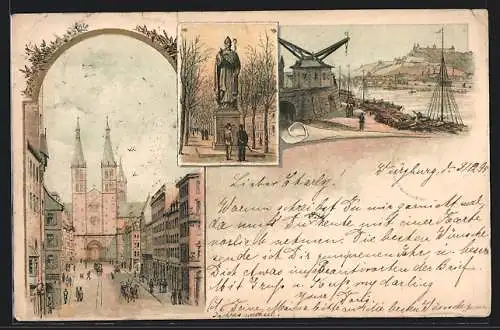 Vorläufer-Lithographie Würzburg, 1895, Partie an der Kirche, Denkmal, Kran am Hafen